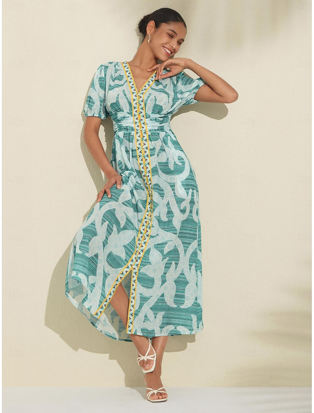 Puff Sleeve V Neck Midi Dress