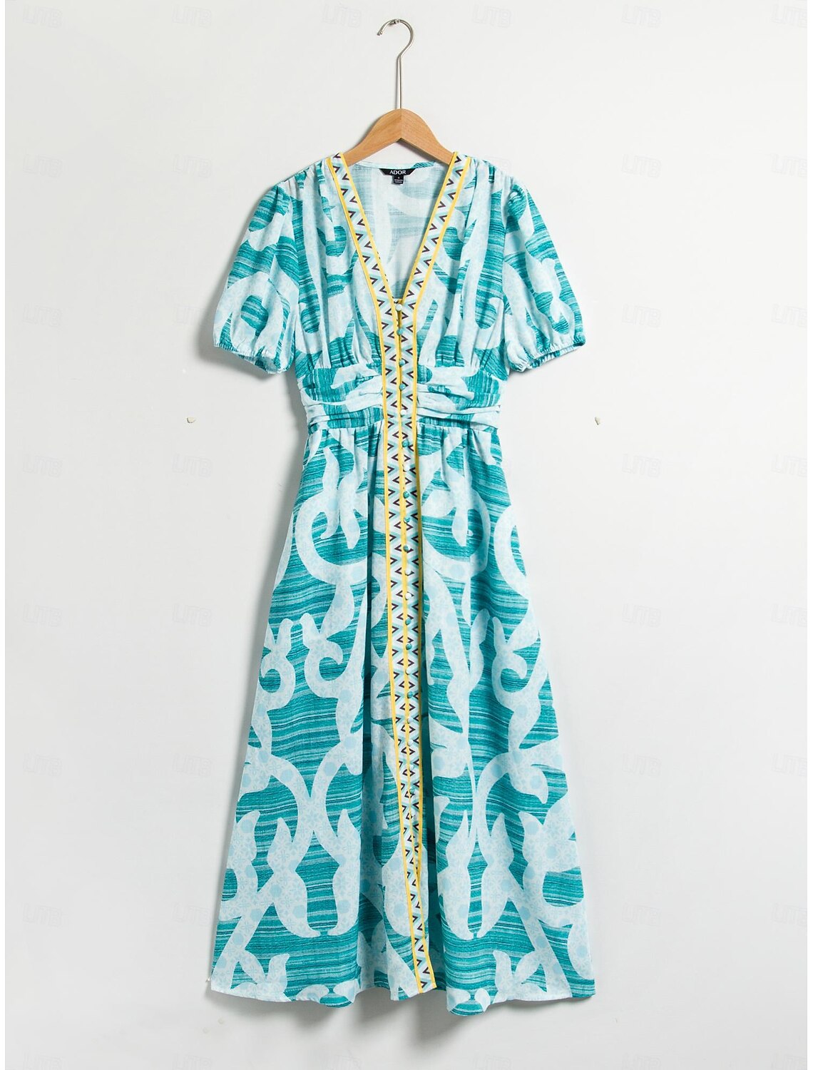 Puff Sleeve V Neck Midi Dress