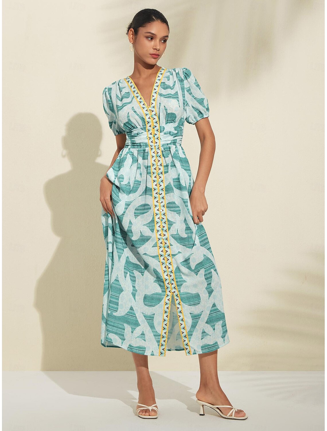 Puff Sleeve V Neck Midi Dress