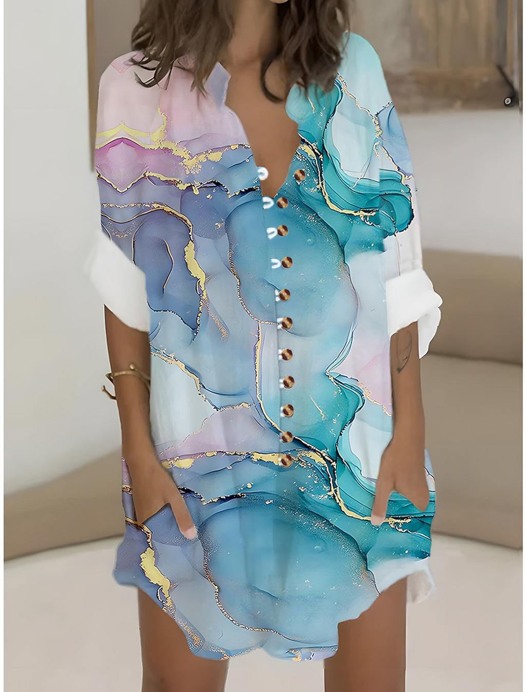 Women's Shirt Dress Casual Dress Cotton Linen Dress Mini Dress Button Pocket Daily Vacation Shirt Collar Long Sleeve Summer Spring Fall Pink Navy Blue Ombre