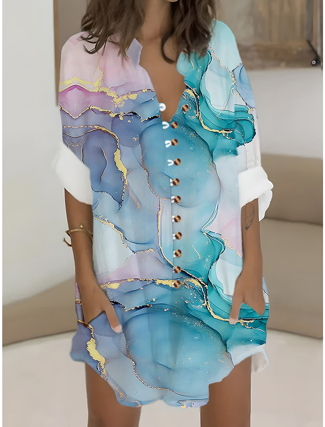 Women's Shirt Dress Casual Dress Cotton Linen Dress Mini Dress Button Pocket Daily Vacation Shirt Collar Long Sleeve Summer Spring Fall Pink Navy Blue Ombre