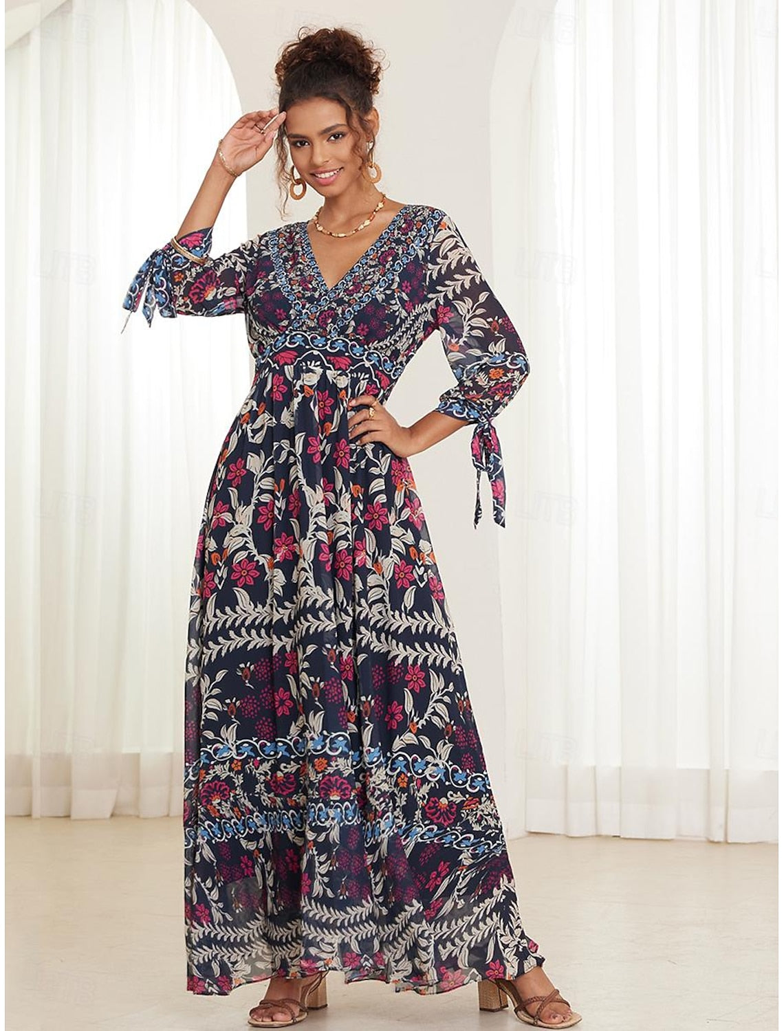 Women's Chiffon A Line Dress Floral Ruffle Bow V Neck Puff Sleeve Maxi Dress Boho Party Short Sleeve Summer