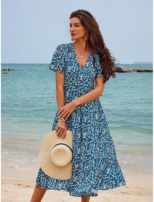 Women's Chiffon A Line Dress Ditsy Floral Tiered V Neck Maxi Dress Hawaiian Stylish Vacation Short Sleeve Summer