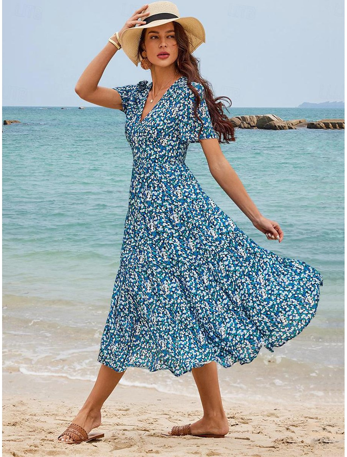 Women's Chiffon A Line Dress Ditsy Floral Tiered V Neck Maxi Dress Hawaiian Stylish Vacation Short Sleeve Summer