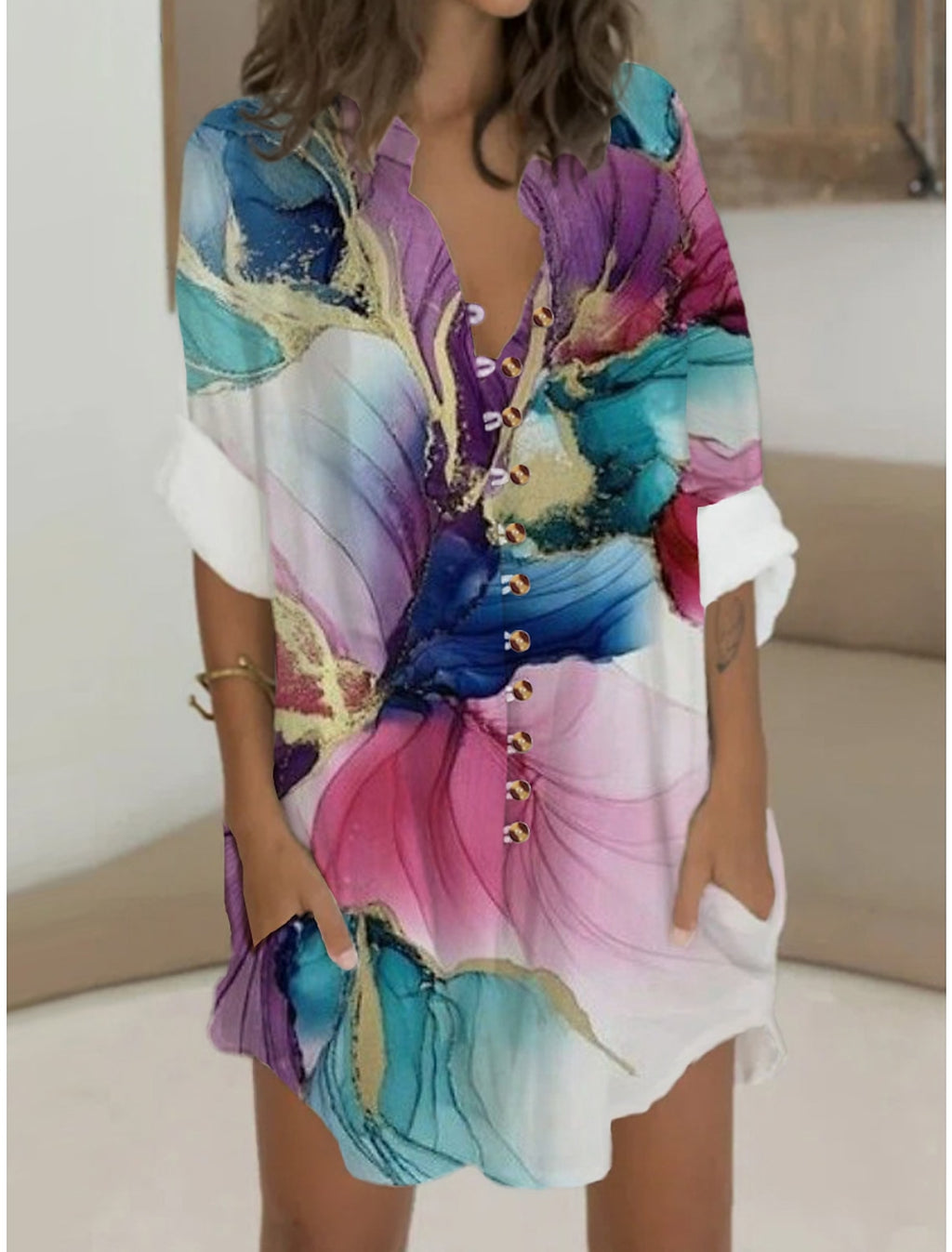 Women's Shirt Dress Casual Dress Cotton Linen Dress Mini Dress Button Pocket Daily Vacation Shirt Collar Long Sleeve Summer Spring Fall Pink Navy Blue Ombre