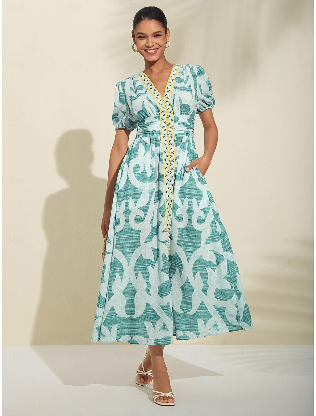 Puff Sleeve V Neck Midi Dress