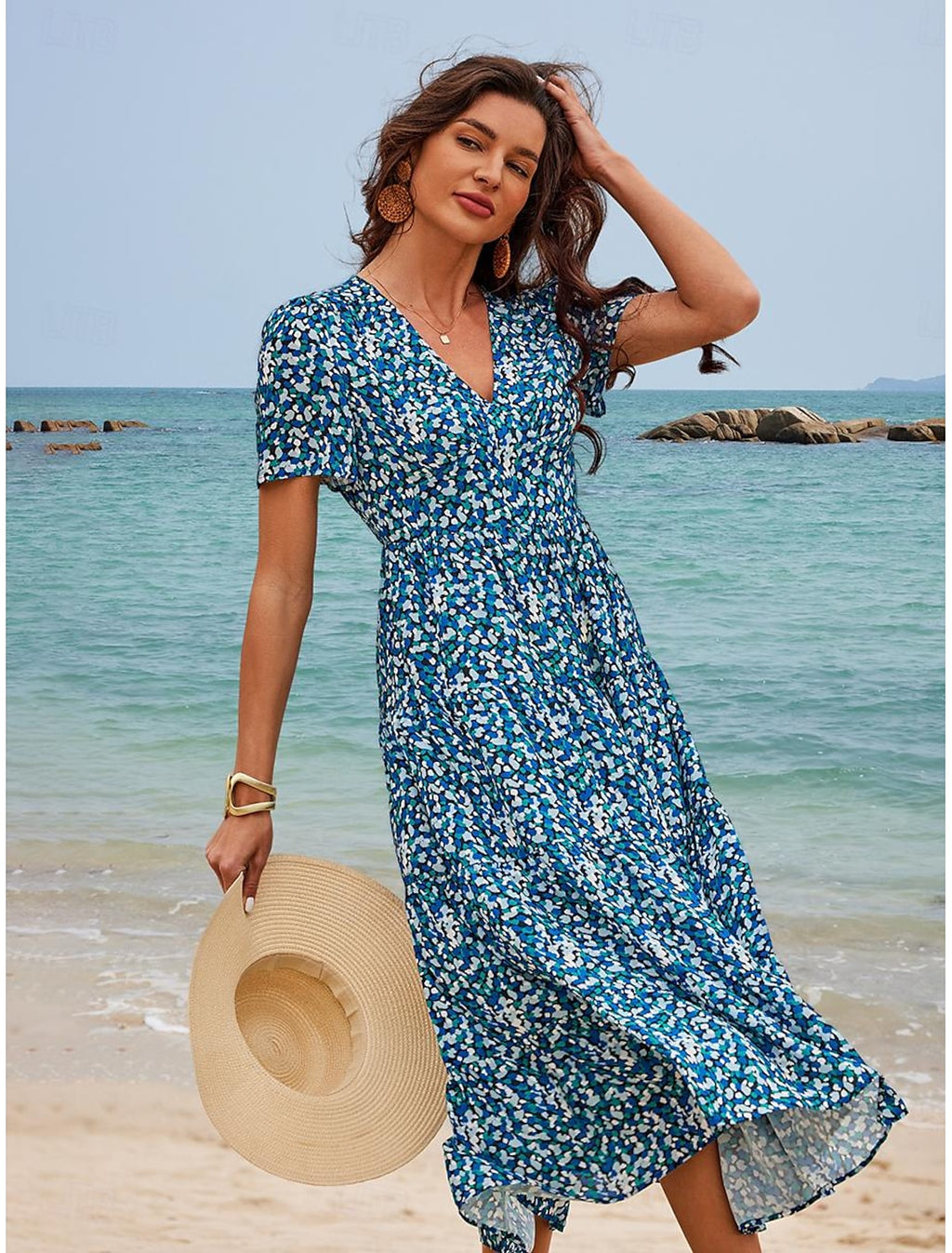 Women's Chiffon A Line Dress Ditsy Floral Tiered V Neck Maxi Dress Hawaiian Stylish Vacation Short Sleeve Summer