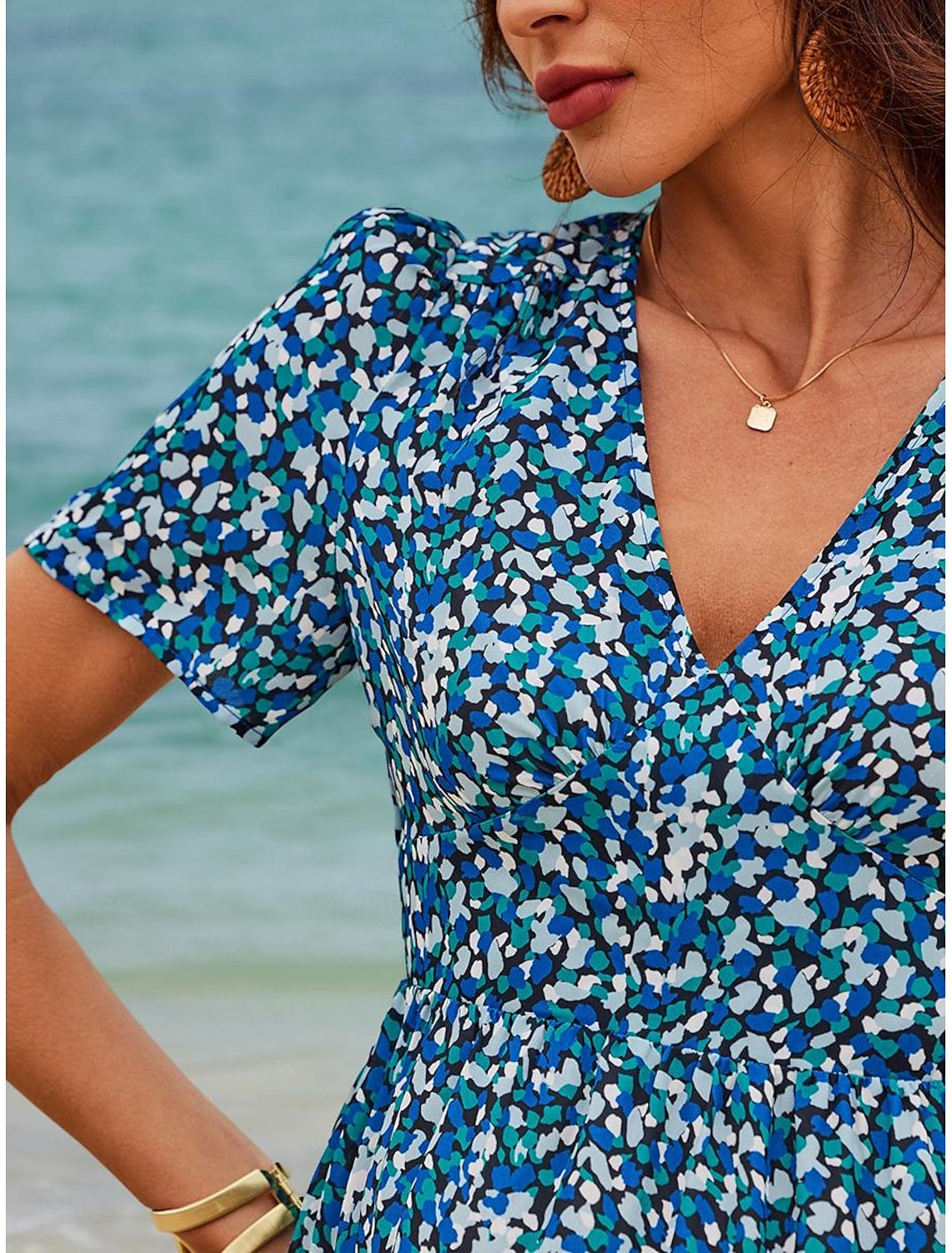 Women's Chiffon A Line Dress Ditsy Floral Tiered V Neck Maxi Dress Hawaiian Stylish Vacation Short Sleeve Summer