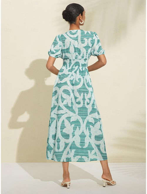 Puff Sleeve V Neck Midi Dress