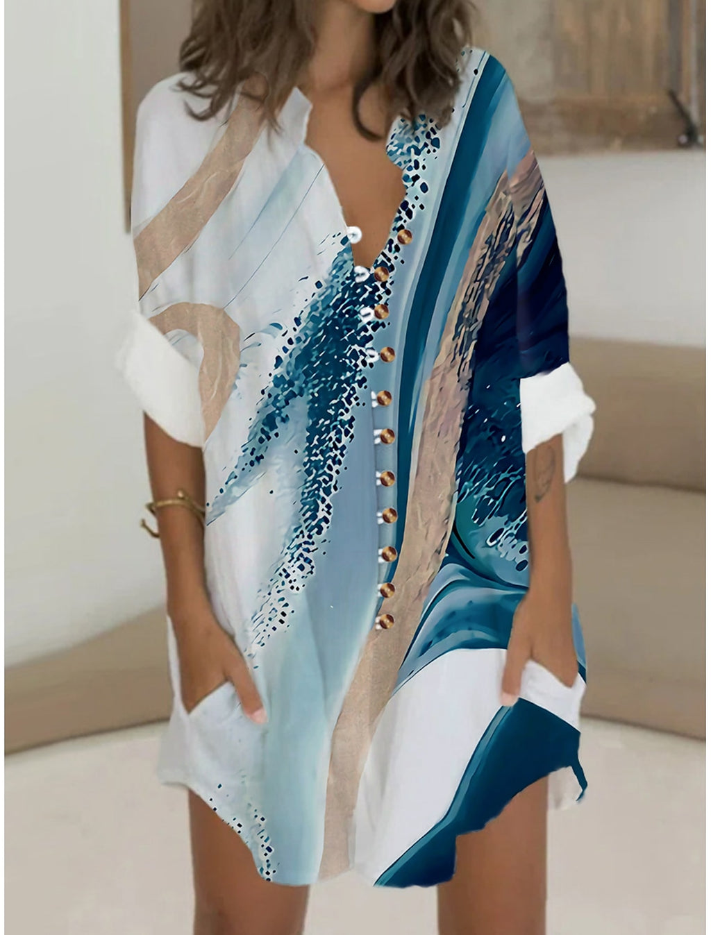 Women's Shirt Dress Casual Dress Cotton Linen Dress Mini Dress Button Pocket Daily Vacation Shirt Collar Long Sleeve Summer Spring Fall Pink Navy Blue Ombre