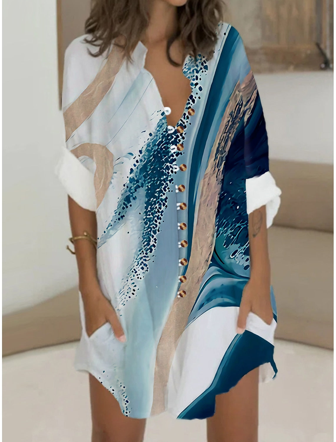 Women's Shirt Dress Casual Dress Cotton Linen Dress Mini Dress Button Pocket Daily Vacation Shirt Collar Long Sleeve Summer Spring Fall Pink Navy Blue Ombre