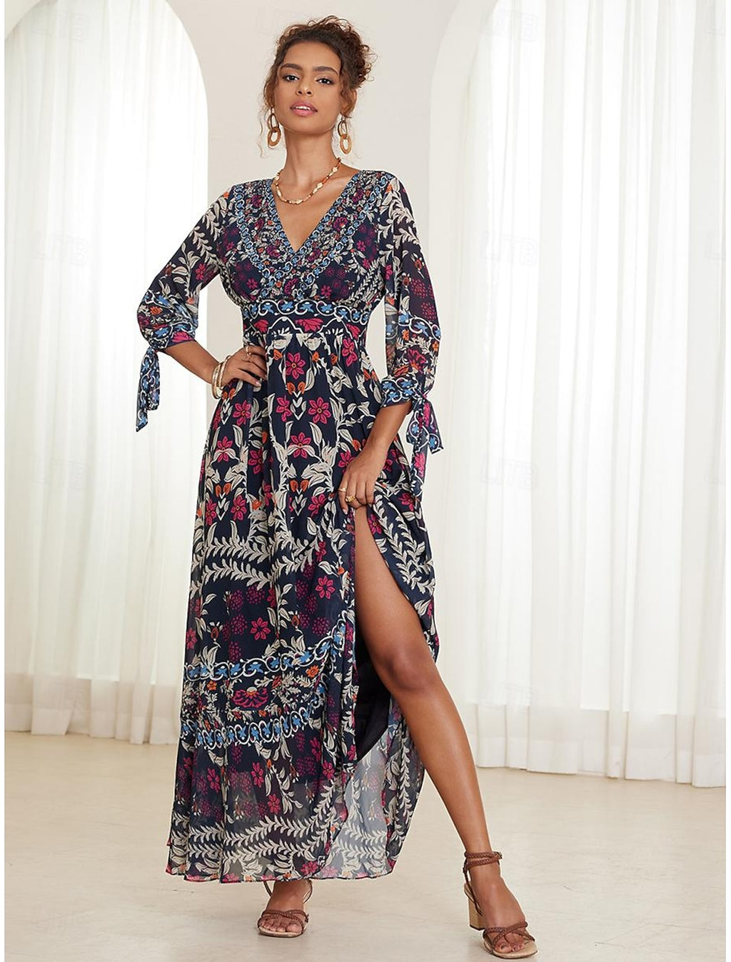 Women's Chiffon A Line Dress Floral Ruffle Bow V Neck Puff Sleeve Maxi Dress Boho Party Short Sleeve Summer